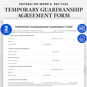Temporary Guardianship Form Template - Editable Child Guardian Consent Form - Editable PDF & Word