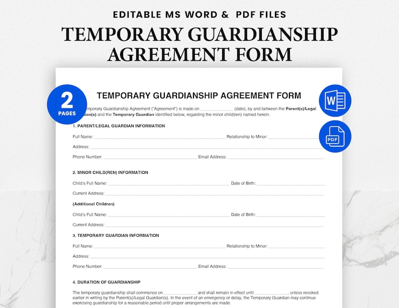 Temporary Guardianship Form Template - Editable Child Guardian Consent ...