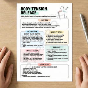 May include: A white printed sheet titled "BODY TENSION RELEASE" with instructions for stress reduction. The sheet includes sections on core ideas, a 2-minute release sequence, and when it helps. A silver pen rests on a wooden surface.