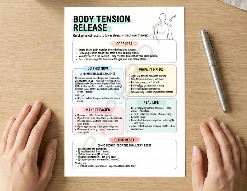 May include: A white printed sheet titled "BODY TENSION RELEASE" with instructions for stress reduction. The sheet includes sections on core ideas, a 2-minute release sequence, and when it helps. A silver pen rests on a wooden surface.