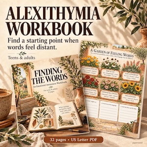 Könnte beinhalten: Ein Alexithymie-Arbeitsbuch mit 32 Seiten im US-Letter-PDF-Format. Das Cover zeigt den Titel Finding the Words, ein offenes Buch mit botanischen Illustrationen und eine Garden of Feeling Words-Tabelle mit verschiedenen Gefühlsbereichen.