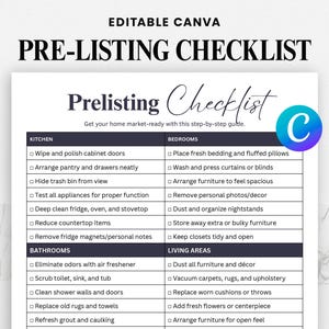 Pode incluir: Uma lista de verificação de pré-listagem branca com títulos para cozinha, banheiros, quartos e áreas de estar. A lista de verificação inclui tarefas como limpeza, organização e encenação.