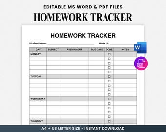 Kids Homework Tracker: Printable Student Planner, Children Homework Tracker, Weekly Student Assignment Planner School Work Schedule Template