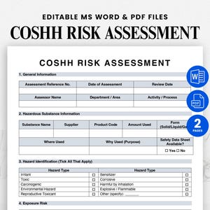 COSHH Risk Assessment Template • Printable Workplace Safety Form • Chemical Hazard Control Checklist • Editable in Word & PDF
