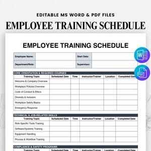 以下が含まれることがあります： 「EMPLOYEE TRAINING SCHEDULE」と題された白いドキュメント。従業員情報とトレーニングのトピックのセクションがあります。予定日、時間、インストラクターの詳細のフィールドが含まれています。編集可能なMS WordおよびPDFファイルで利用できます。