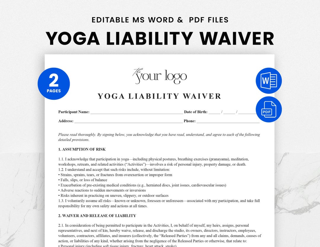 Yoga Liability Waiver Template - Yoga Waiver Form - Editable PDF & Word ...