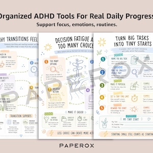 K&ouml;nnte beinhalten: Drei wei&szlig;e Informationsbl&auml;tter mit farbenfrohen Illustrationen und Text mit den Titeln Organized ADHD Tools For Real Daily Progress, Why Transitions Feel, Decision Fatigue And Too Many Choices und Turn Big Tasks Into Tiny Starts.