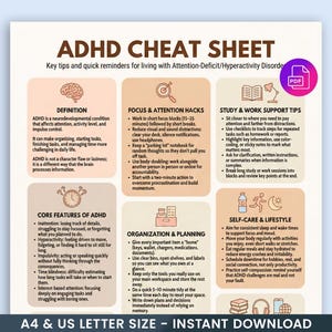 Pode incluir: Folha de dicas para TDAH com dicas e lembretes para viver com Transtorno de Déficit de Atenção/Hiperatividade. Inclui seções sobre definição, foco, estudo, principais características, organização e autocuidado. Download instantâneo.