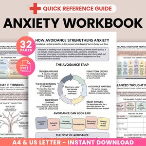 May include: Anxiety workbook with a quick reference guide. The cover features the title "ANXIETY WORKBOOK" in bold black letters. Inside, there are 32 pages of helpful information, including "My Avoidance Map" and "What If Thinking" sections. The workbook is available in A4 & US Letter formats.