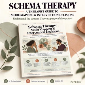 May include: A softcover book titled Schema Therapy: Mode Mapping & Intervention Decisions. The cover features illustrations of two people, text describing the guide, and a section detailing the 62 illustrated pages and 3 fictional cases.
