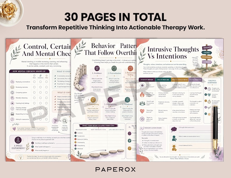 May include: A set of three therapy worksheets titled 30 PAGES IN TOTAL, Transform Repetitive Thinking Into Actionable Therapy Work. The pages feature sections on Control, Certainty, Mental Checking, Behavior Patterns, and Intrusive Thoughts Vs Intentions.