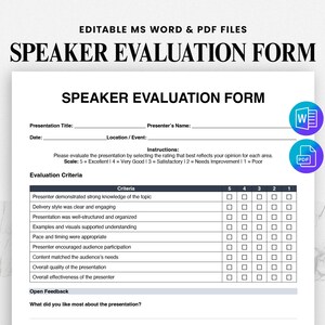 Puede incluir: Un formulario de evaluación de orador blanco con el título "SPEAKER EVALUATION FORM" en texto negro en negrita. El formulario incluye secciones para detalles de la presentación y criterios de evaluación con escalas de calificación. Incluye iconos de archivos de MS Word y PDF.
