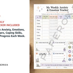 May include: A weekly anxiety and emotion tracker printable sheet featuring a table for daily logging of feelings, anxiety levels from 0 to 10, triggers, coping skills, and progress. Includes sections for weekly patterns, goals, and helpful tracker clues.
