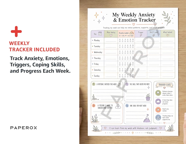 May include: A weekly anxiety and emotion tracker printable sheet featuring a table for daily logging of feelings, anxiety levels from 0 to 10, triggers, coping skills, and progress. Includes sections for weekly patterns, goals, and helpful tracker clues.