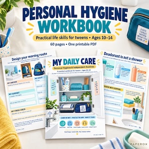 Arbetsbok för personlig hygien för tonåringar, arbetsblad för livskunskap, checklista för dagliga rutiner, egenvårdsaktiviteter, hygienplanerare för tonåringar, 60 sidor