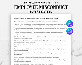 Employee Misconduct Investigation Checklist | HR Investigation Template | Workplace Misconduct Form | Employee Investigation Form | HR PDF