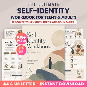 Peut inclure: Un cahier d'exercices sur l'identité personnelle pour adolescents et adultes avec une couverture beige illustrée d'un paysage minimaliste et d'une silhouette debout. Il contient des pages intitulées Which Roles Feel True et Am I Now.