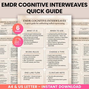 Puede incluir: Una guía rápida para entrelazados cognitivos EMDR, con un diseño beige y blanco. La guía incluye texto y diagramas sobre temas como 'Qué es', 'Cuándo usar' y 'Micro-reglas'. El texto está en una fuente clara y fácil de leer. Descarga instantánea.