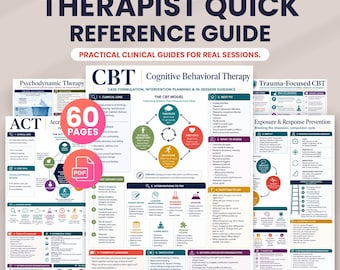 Puede incluir: The Complete Therapist Quick Reference Guide es un documento digital de 60 páginas con información clínica. Incluye secciones sobre terapia cognitivo-conductual, psicodinámica, ACT y TCC centrada en el trauma con diagramas.