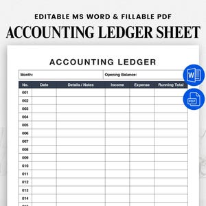 Fillable Accounting Ledger Sheet PDF • Printable Income Expense Tracker • Small Business Bookkeeping Log • Simple Finance Record Template