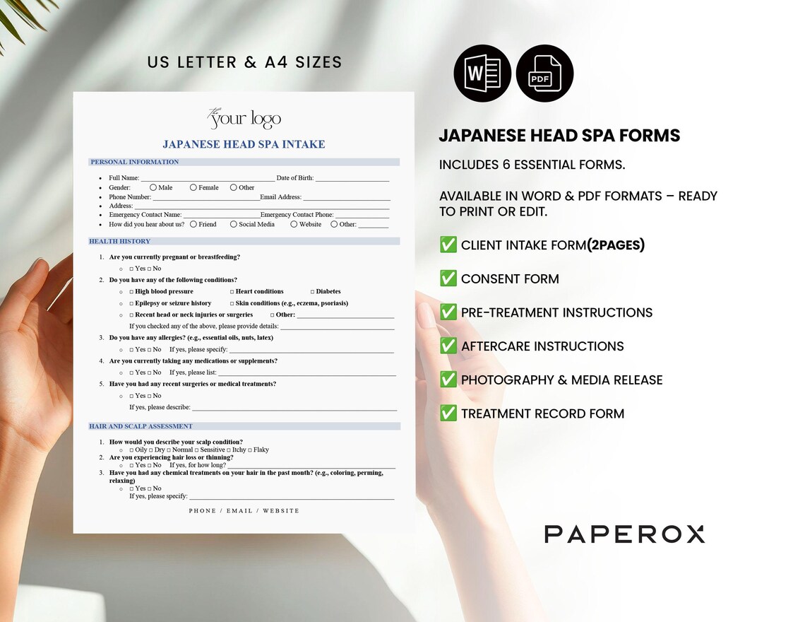 Japanese Head Spa Consultation Forms, Editable Head Spa Intake Forms