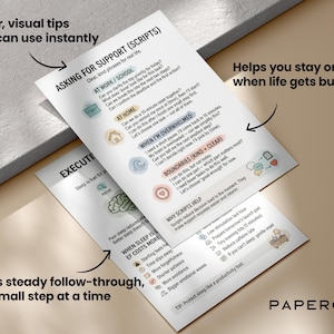 May include: Two white paper sheets with text and illustrations, titled "Asking for Support (Scripts)" and "Executive". The text includes tips for real life, staying on track, and building follow-through. The brand name "PAPER0X" is at the bottom.