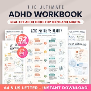 May include: A 52-page digital ADHD workbook featuring educational worksheets with titles like ADHD Myths vs Reality, Emotional Dysregulation, and Attention Works in ADHD. The pages include colorful illustrations, diagrams, and text in A4 and US Letter sizes.