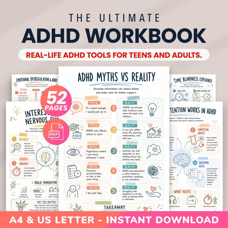 K&ouml;nnte beinhalten: Ein 52-seitiges digitales ADHS-Arbeitsbuch mit p&auml;dagogischen Arbeitsbl&auml;ttern, darunter Titel wie ADHD Myths vs Reality, Emotional Dysregulation und Attention Works in ADHD. Die Seiten enthalten farbige Illustrationen, Diagramme und Texte.