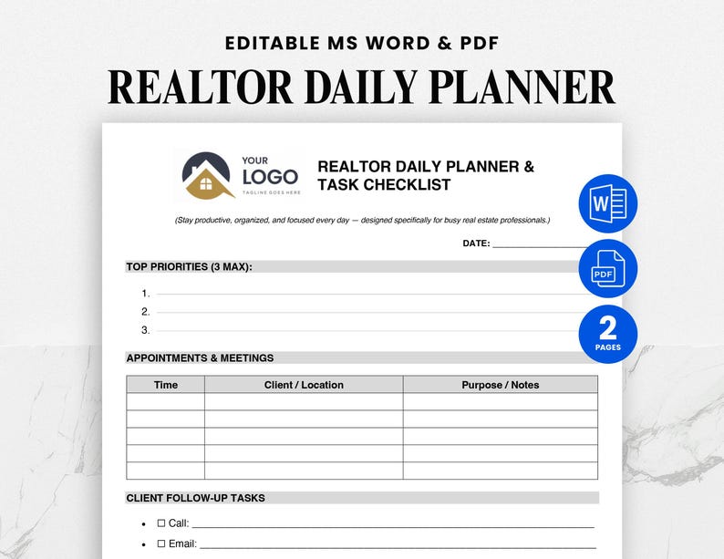 Realtor Daily Routine Realtor Daily Planner Template • Real Estate Agent Task Checklist PDF ...