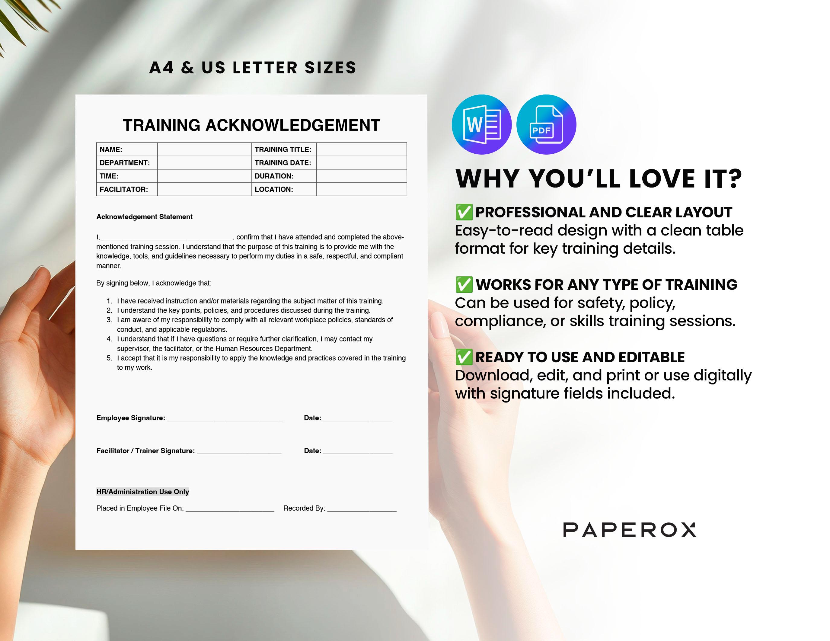 Training Acknowledgement Form | Editable HR Forms for Human Resources ...
