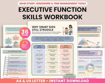 ADHD Executive Function Worksheets for Kids, Homework Study Skills Workbook, Parents & School Counselors Time Management Tools, ADHD Planner
