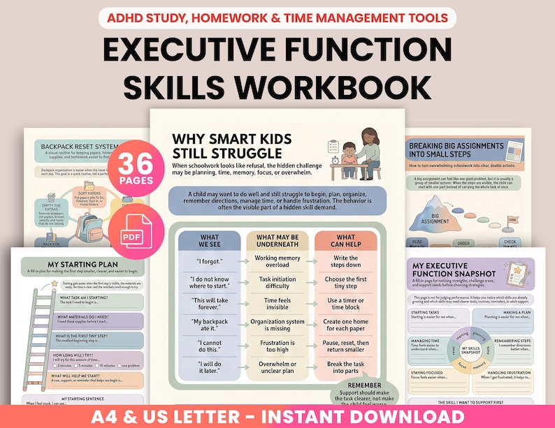 ADHD Executive Function Worksheets for Kids, Homework Study Skills ...
