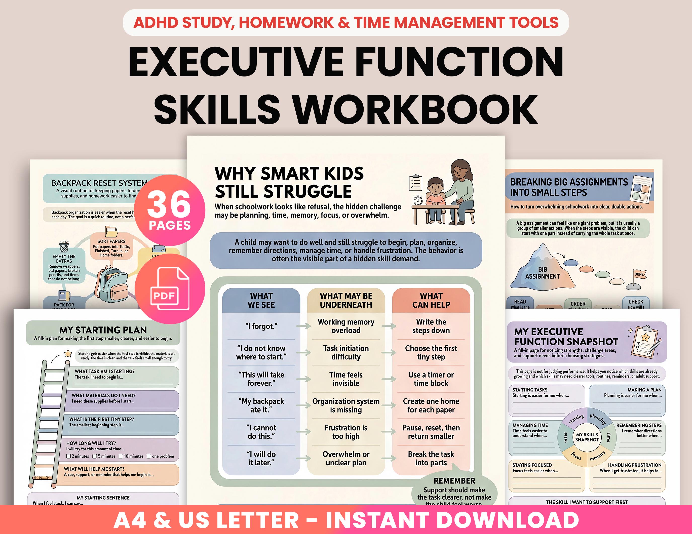 ADHD Executive Function Worksheets for Kids, Homework Study Skills ...