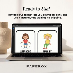 K&ouml;nnte beinhalten: Ein Laptop zeigt zwei Illustrationen von Kindern beim Training. Eines springt Seil, das andere macht eine Wand-Sit-&Uuml;bung. Der Text "Ready to Use!" und "Printable PDF format" sind sichtbar. Der Markenname "PAPEROX" steht unten.