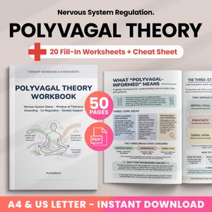 May include: A workbook titled "Polyvagal Theory Workbook" with 50 pages, a PDF icon, and the text "20 Fill-In Worksheets + Cheat Sheet." The book covers nervous system regulation, with the text "A4 & US Letter - Instant Download."