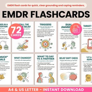 May include: EMDR flashcards for quick grounding and coping reminders. The cards feature titles like "Triggered in a Conversation" and "Target Memory." The design includes illustrations and the text "A4 & US LETTER - INSTANT DOWNLOAD."