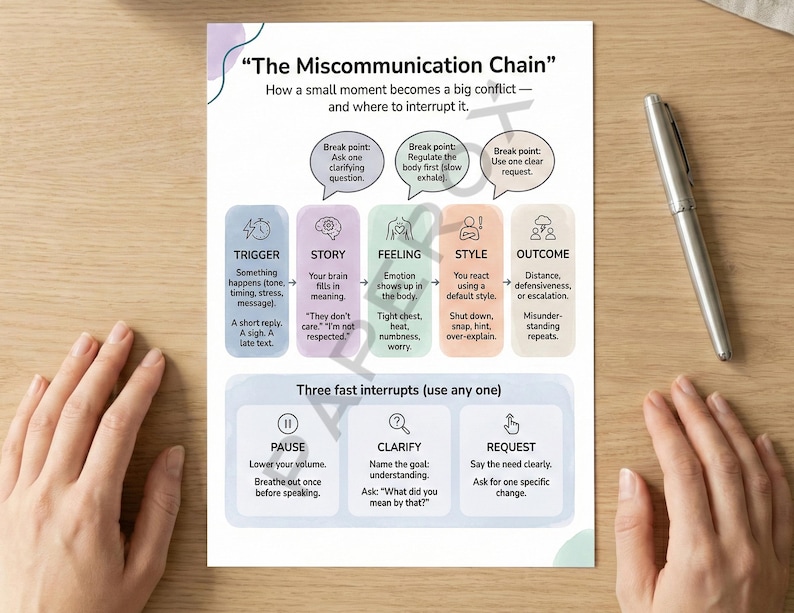 May include: An infographic titled "The Miscommunication Chain" detailing conflict resolution steps. The diagram includes the words "Trigger", "Story", "Feeling", "Style", and "Outcome". A silver pen lies on the wooden surface.