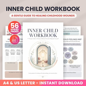 May include: A workbook titled "Inner Child Workbook" with 56 guided pages. The cover features an illustration of a house within an archway. The text reads "A Gentle Guide to Healing Childhood Wounds". Includes a PDF download.