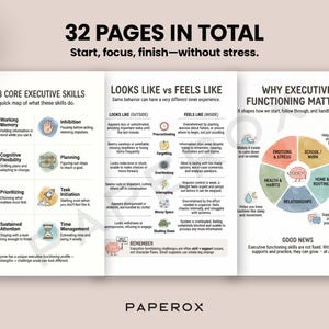 May include: A planner with 32 pages, focusing on executive skills. The design includes infographics on core skills, how they look and feel, and why they matter. A pen rests on the right side of the planner.