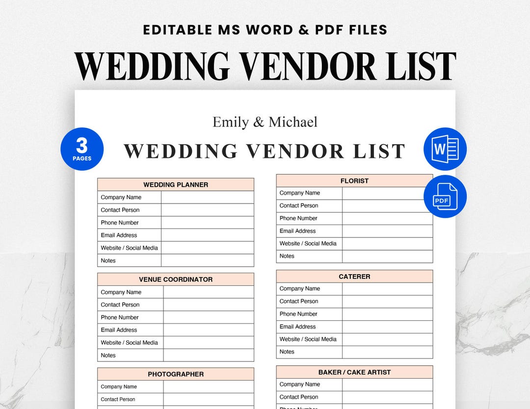Wedding Vendor Notes.pdf Wedding Vendor Contact List Printable - A4/US Letter PDF - Wedding ...