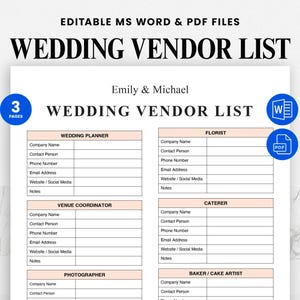 May include: A white wedding vendor list template with the text "WEDDING VENDOR LIST" in large black letters. The template includes sections for wedding planners, florists, venue coordinators, caterers, photographers, and baker/cake artists. The document is editable in MS Word and PDF files.