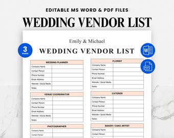 Wedding Vendor Contact List Printable - A4/US Letter PDF - Wedding Planner Organizer Template - Bride Binder Insert - Instant Download