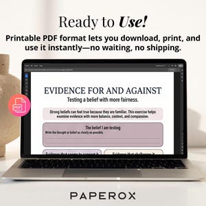May include: A laptop displays a PDF document titled "EVIDENCE FOR AND AGAINST." The document guides users in testing beliefs with fairness. The laptop is open on a white surface, with a decorative vase to the left.