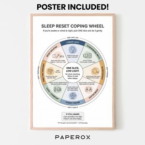 Pode incluir: Um poster emoldurado com um design de roda de enfrentamento de reinicializa&ccedil;&atilde;o do sono. A roda &eacute; dividida em se&ccedil;&otilde;es com instru&ccedil;&otilde;es como "Manter a luz baixa" e "Suavizar o corpo". O poster inclui o texto "Poster inclu&iacute;do!" e a marca "Paperox".