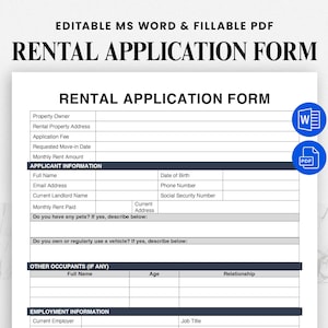 Puede incluir: Un formulario de solicitud de alquiler blanco con texto negro. El formulario incluye campos para el propietario, la información del solicitante y los detalles del empleo. El texto "FORMULARIO DE SOLICITUD DE ALQUILER" se muestra de forma destacada en la parte superior.