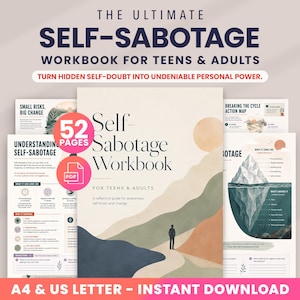 May include: A digital workbook titled The Ultimate Self-Sabotage Workbook for Teens & Adults, featuring 52 pages in PDF format. The cover displays a minimalist landscape illustration with a person standing on a path, and includes A4 and US Letter sizes.