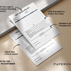 May include: Two white "Key Issue Policy" documents with black text are angled on a beige surface. Text includes "Add Your Logo & Company Branding Instantly", "Adjust Text, Fonts & Layout", and "READY-TO-USE &bull; EASY TO CUSTOMIZE".