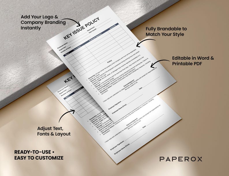May include: Two white "Key Issue Policy" documents with black text are angled on a beige surface. Text includes "Add Your Logo & Company Branding Instantly", "Adjust Text, Fonts & Layout", and "READY-TO-USE &bull; EASY TO CUSTOMIZE".