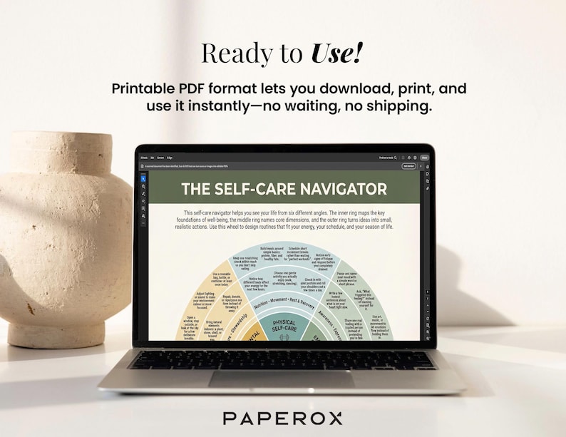 May include: A laptop displays "THE SELF-CARE NAVIGATOR" graphic, a circular diagram with sections for well-being. The screen is open on a desk with a beige vase. Text reads "Ready to Use!" and "Printable PDF format lets you download, print, and use it instantly".