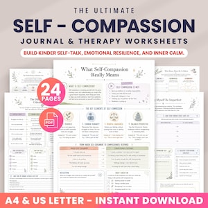 Self Compassion Journal, Therapy Worksheets for Teens & Adults, Self Care Workbook, Mental Health Printables, Self Love, Therapist Resources